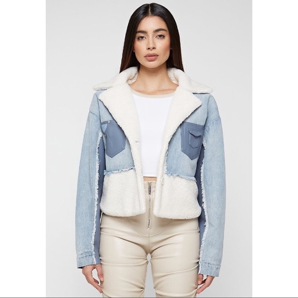 Maniere de Voir Jackets & Blazers - Maniere de Voir Denim Overlay Borg Jacket Blue White